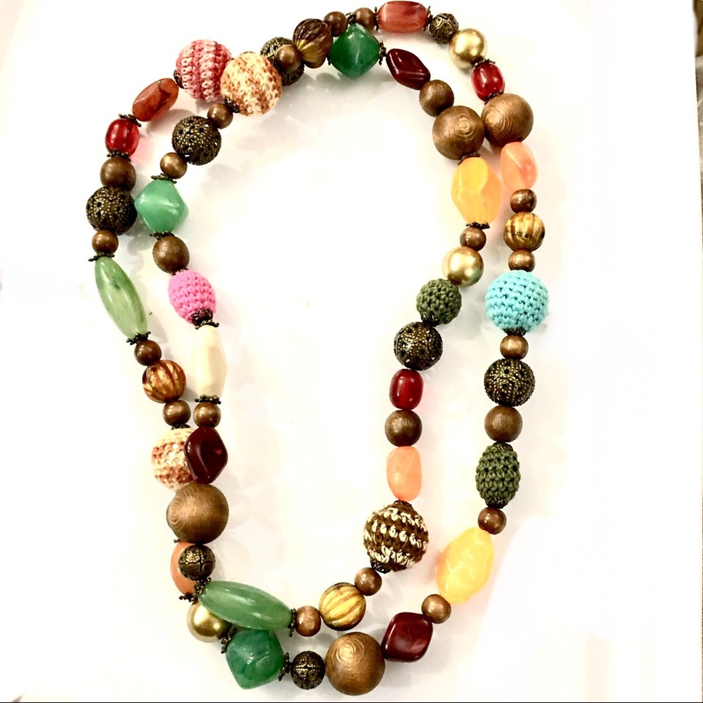 Boho Spice Color Mixed Bead and Knit bead Necklace